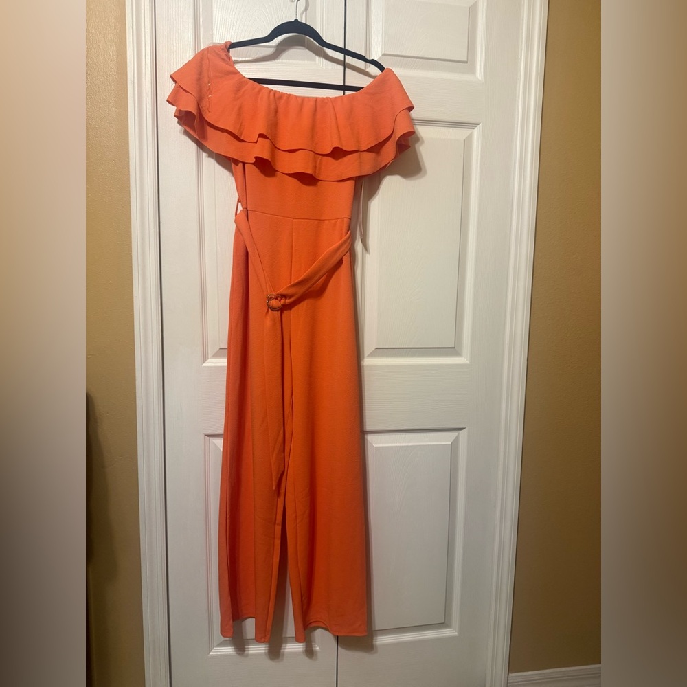 Almost Famous off the Shoulder Coral orange Jumpsuit